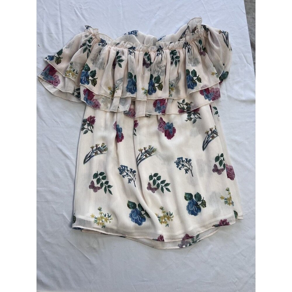 Free The Roses Open Shoulder Blouse Floral White Link Ruffle NEW Medium $98